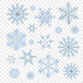 Realistic blue icy snowflakes decorative icons set isolated on transparent background vector illustration Royalty Free Stock Photo