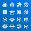 Snowflakes vector collection isolated on blue background. Snow icons silhouette, winter, New year and Christmas decoration Royalty Free Stock Photo