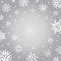 Snowflakes winter background. Holiday silver frost snowflake template, cold falling snowflake crystals vector backdrop