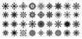 Snowflakes. Winter clip art element for greeting cards. Black ice crystals, weather symbol. Snow sign silhouettes. Flat