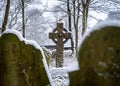 Snowing in ancient Victorian grave yard on big stone headstone with wild red robin redbreast small bird sat on cross in churchyard