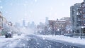 Snowing cityscape, winter traffic, car, skyscraper, city life generated by AI Royalty Free Stock Photo