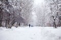 Snowing landscape in the park with people passing by Royalty Free Stock Photo