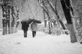 Snowing landscape in the park with people passing by