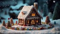 Snowing night, gingerbread house, cookie decoration, candy celebration generated by AI