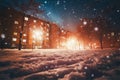 Snowing night outdoor on the field in town, warm light and bokeh flare, generative AI