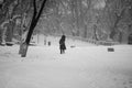 Snowing urban landscape with people