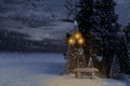 Snowing winter landscape with bench and lamp post Royalty Free Stock Photo