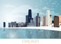 Snowing Winter Panorama of Chicago city with skyscrapers, frozen lake Michigan, Willis Tower, trees, snowflakes and blue sky and s Royalty Free Stock Photo