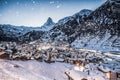 snowing in Zermatt traditional Swiss ski resort under the Matterhorn