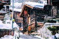 snowing in Zermatt traditional Swiss ski resort under the Matterhorn