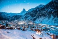 snowing in Zermatt traditional Swiss ski resort under the Matterhorn