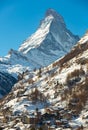 Snowing in Zermatt traditional Swiss ski resort under Matterhorn