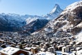 Snowing in Zermatt traditional Swiss ski resort under Matterhorn