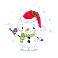 Merry Christmas greeting card illustration of smiling winter snowman in flat hand drawn cartoon style. Royalty Free Stock Photo
