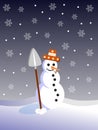 Snowman in a winter landscape at night, colors, snow, snowflakes. Royalty Free Stock Photo