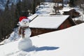 Snowman against Alpine panorama