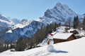 Snowman against Alpine panorama