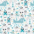 Snowman and baby penguin sledging and iceskating seamless vector pattern background. Blue white orange backdrop with Royalty Free Stock Photo