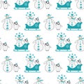 Snowman and baby penguin sledging and walking seamless vector pattern background. Blue white backdrop with pairs of Royalty Free Stock Photo