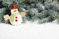 Snowman on the background of fir trees. Postcard