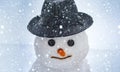 Snowman on a background snow-covered fir branches. Handmade snowman in the snow outdoor. Merry Christmas and Happy new Royalty Free Stock Photo