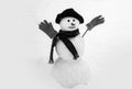 Snowman on a background snow-covered fir branches. Snowman in snow forest. Happy funny snowman in the snow. Making Royalty Free Stock Photo