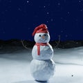 Snowman on the background of a snowy landscape, 3d render. Falling snow and a smiling snowman