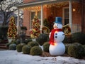 snowman in yard of haus decorated for Christmas