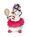 Snowman ballerina in pink ballet tutu and pointe shoes holds a mirror in her hand Royalty Free Stock Photo