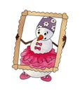 Snowman ballerina in pink ballet tutu and pointe shoes holds a picture frame Royalty Free Stock Photo