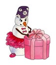 Snowman ballerina in pink tutu and pointe shoes opens pink gift box with bow Royalty Free Stock Photo