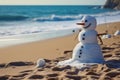 Snowman beach sunny. Generate Ai Royalty Free Stock Photo