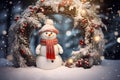 Snowman on the beautiful snowy winter background