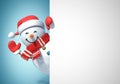 Snowman behind blank white poster, copy space greeting card template, 3d rendering Royalty Free Stock Photo