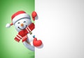 Snowman behind blank white poster, copy space greeting card template, 3d rendering Royalty Free Stock Photo