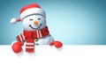 Snowman behind blank white poster, copy space greeting card template, 3d rendering Royalty Free Stock Photo