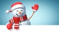 Snowman behind blank white poster, copy space greeting card template, 3d rendering Royalty Free Stock Photo