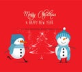 Snowman with big signboard. Merry Christmas calligraphy lettering design. Creative typography for holiday greeting Royalty Free Stock Photo