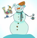 Snowman with bird, cute backcground