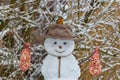 Snowman bird feeder with robin on hat Royalty Free Stock Photo