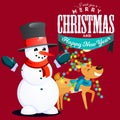 Snowman in black hat and gloves, red scarf tied around neck, nose from the carrot smiling deer in lights of herland on