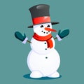 Snowman in black hat and gloves, red scarf tied around neck, nose from the carrot, marry christmas happy new year vector