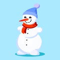 Snowman in blue hat, red scarf tied around neck, nose from the carrot smiling deer in lights of herland on horns, marry