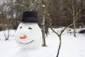 Snowman with black hat outdoors