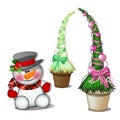 Snowman in black top hat and topiary in the form of a cone Christmas tree with balls. Sketch for greeting card, festive