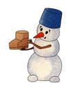 Snowman with a blue bucket on his head holds winter beige winter ugg boots in his hands