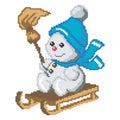 Snowman in a blue hat and scarf on a sled in his hand with a broom for the New Year, Christmas is drawn by squares, pixels Royalty Free Stock Photo