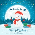 Snowman on Blue Winter Background with Gifts and Christmas Lights Royalty Free Stock Photo