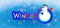Snowman on blue winter snowflakes background. Paper art style. Christms design, decor, background. Cute illustration for